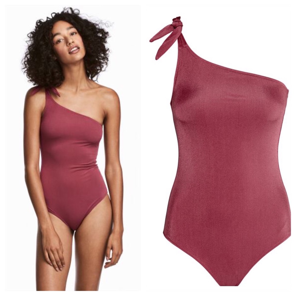 H&M One-shoulder Bow Swimsuit in Burgundy Rose Small